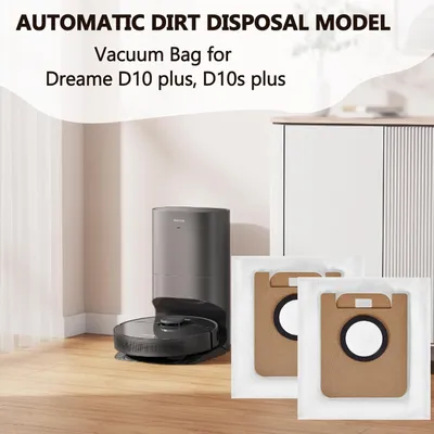 A robot vacuum cleaner and its dust bags are displayed on a wooden floor in front of a cabinet.