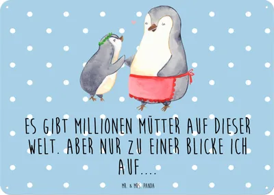 Produktbild von Mr. & Mrs. Panda Schild Pinguin mit Kind DIN A3 - Blau Pastell - Geschenk, tafel, Mutter, Vorbild Mama, Familie, Muttertag, Wandbild, Retro Blechschild, Türschild