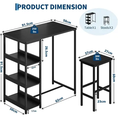 Produktbild von 3-teiliges Bartisch Set - Rechteckiger Stehtisch mit 2 Barhockern - Hohes Frühstücksset - Platzsparend für kleine Räume - Metallgestell - Schwarz