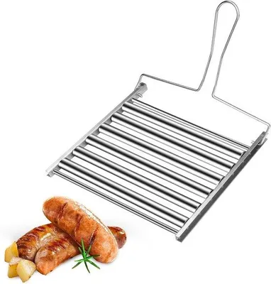 Immagine prodotto di Griglia per hot dog per barbecue - Griglia in acciaio inossidabile per salsicce con manico - per una cottura uniforme di hot dog e salsicce - 24 x 20,5 cm