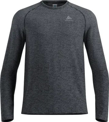 Dunkelgraues Odlo Essentials Seamless Langarm-Laufshirt mit feinem Muster und Rundhalsausschnitt