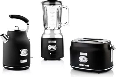 A set of kitchen appliances including a kettle, blender, and toaster, displayed against a white background.