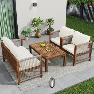 Produktbild von Loungeset Gartenmöbel Set 4-teilig aus Akazienholz & Seilgeflecht, Sitzgruppe mit Tisch, 2 Sesseln & Doppelsofa, wetterfeste Sitzgarnitur für Terrasse & Balkon, Grau/Beige
