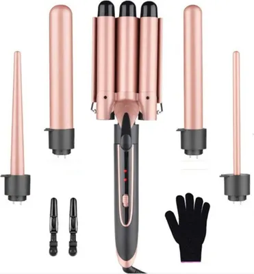 Produktbild von Glätt- und Lockenstab,Lockenstab Set mit 5 Aufsätzen,Keramikbeschichtung Lockenstäbe Lockenwickler,2 Temperaturstufen,mit LCD-Display,2 Clips,85W