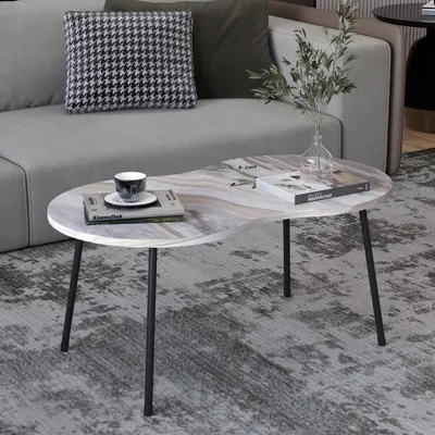 Produktbild von VCM Holz Beistelltisch | ovaler Couchtisch im schlichten Marmor Optik Design | Maße ca. H. 42 x B. 90 x T. 41 cm | Wohnzimmertisch - Mirola