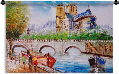 Produktbild von MuchoWow® Wandteppich Wandbehang Gemälde - Paris - Boot - Brücke 60x40 cm Tapisserie Dekoration Wandtuch - Wanddekorationen