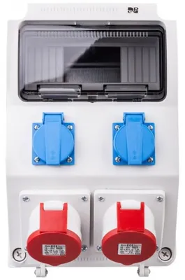 Productafbeelding van Bouwstroomverdeeler 16A, wandmontage, verdeeldoos met stopcontacten voor 2x230V + 2x CEE-contacten, geschikt voor 9 modules