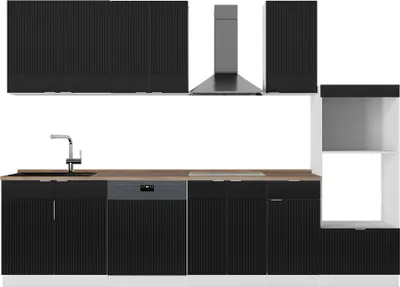 Produktbild von Küchenzeile Vicco Fame-Line Schwarz gestreift/Weiß 300 cm mit Hochschrank, AP Eiche, Model 51089