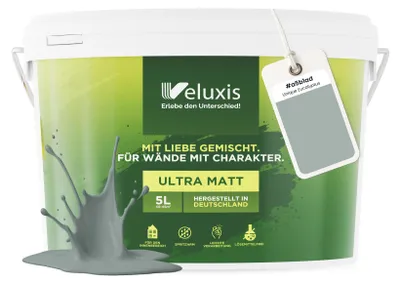 Produktbild von Wandfarbe Grün Grau Hellgrau Matt Innenfarbe – Deckkraft Klasse 1, VOC-frei, Ohne Grundierung, Tropfarm – Wohnzimmer & Schlafzimmer – 5L – Veluxis (Unique Eucalyptus)