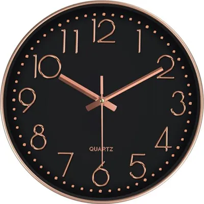 Produktbild von Moderne 12-Zoll Wanduhr mit geräuschlosem Sweep-Uhrwerk, schwarzes Zifferblatt mit Goldrahmen, für Wohn- und Arbeitsräume