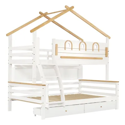 Produktbild von Flieks Etagenbett 90x200cm/120x200cm, Kinderbett Hausbett mit 2 Schubladen und Regal, Hochbett Holzbett Stockbett mit Lattenrost, Naturbelassen