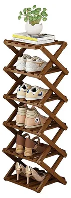 Immagine prodotto di Scaffale verticale per scarpe, color marrone, 6 ripiani, in bambù, dimensioni 26x26x102 cm