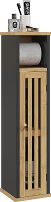 Produktbild von Badezimmerschrank mit offenem Regal und Schrankfach, Bambus und MDF, 18 x 18 x 75 cm, schwarz-holzfarben