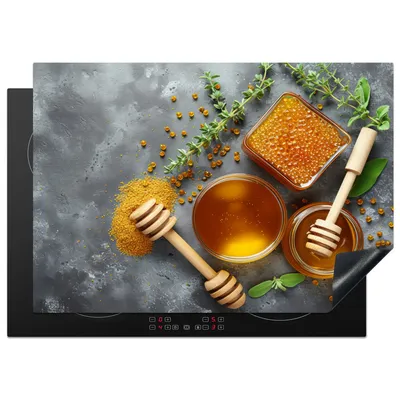Obrázok produktu pre KitchenYeah® Kryt na varnú dosku med - bylinky - betón, 75x52cm, kuchynská dekorácia, keramický kryt varnej dosky, krycia doska na varnú dosku