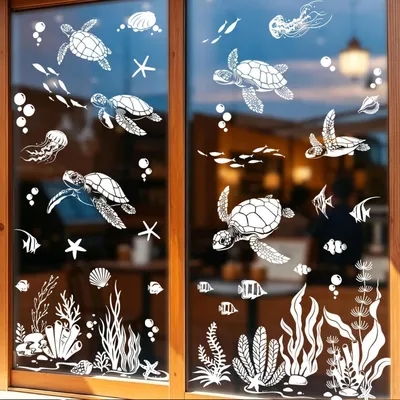 Image de Décorations murales pour chambre d'enfant, motif tortue, herbe marine, blanc, ambiance sous-marine, autocollantes, lot de 9 feuilles
