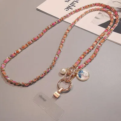 Produktbild von Handykette Damen lang, Metallkette mit gewebtem Stoffband, Stylisches Smartphone Umhängeband, Universal Handyband