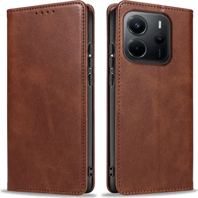 A brown leather flip case for a smartphone is shown from two angles.