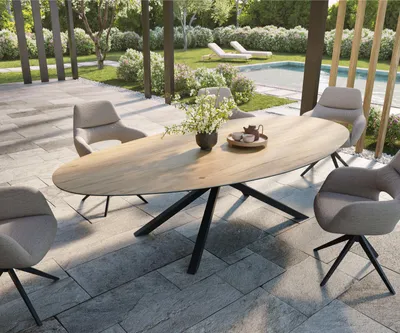 Produktbild von DELIFE Outdoortisch Edge Oval 280x130 cm Keramik Laminam® Sabbia Eichefarbig Kreuzgestell Rechteck Schwarz