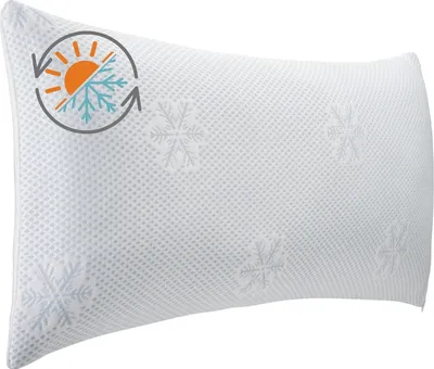 A white pillow with snowflake patterns and a circular graphic indicating temperature regulation.