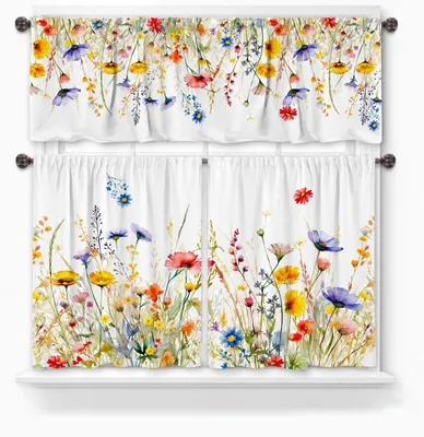 Küchenvorhang-Set 3-tlg., Leinenoptik, Blumen-Karo, 137x46 & 69x91 cm