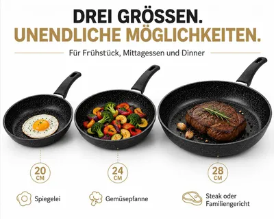 Produktbild von Pfannenset - Pfannen-Set - Bratpfannenset - 3-teilig - Ø 20/24/28 cm - Granitbeschichtung - Antihaft und Spülmaschinenfest QIVEE®