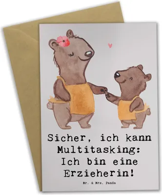 Produktbild von Mr. & Mrs. Panda Grußkarte Erzieherin Multitasking - Grau Pastell - Geschenk, weihnachtskarten, einladungskarten, Berufsleben, Beruf, Wertschätzung, Handgefertigt