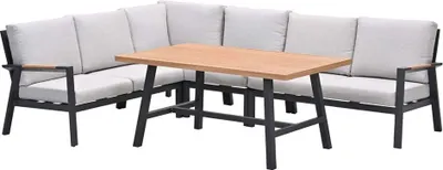 Produktbild von Garden Impressions Lounge-Essgarnitur Elati, 5-teiliges Eckset aus Teakholzoptik, Aluminium & wasserabweisendem Polyester in Carbon Black/Valley Sand mit Pulverbeschichtung & handaufgetragenem Finish