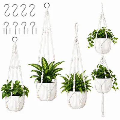 Image de Omgoods - Lot de 4 suspensions pour plantes en macramé, tissées à la main