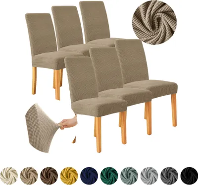 Produktbild von MEBLE ODNOWA, Stuhlhusse, Stuhlbezug, Standardgröße, Jacquard, Beige 6er Set, Karostruktur, elastisch, Stuhlbezüge, Stuhlhussen, maschinenwaschbar