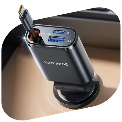 Intrekbare Autolader 3-in-1, 50W, USB-C & USB-A, 75 cm Kabel, Schwarz