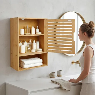 Produktbild von Badezimmerschrank hängend Bambus 3 Ablagen 1 Türen 60 x 40 x 20 cm