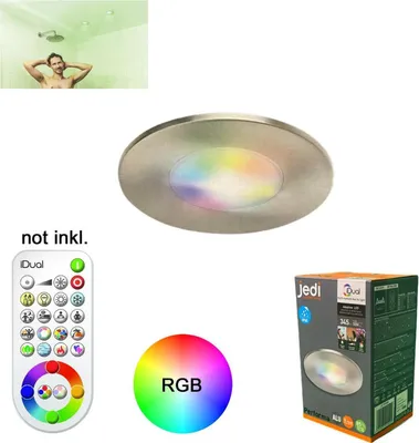 A collage of images showing a man in a shower, a ceiling light fixture, a remote control, an RGB color wheel, and a product box.