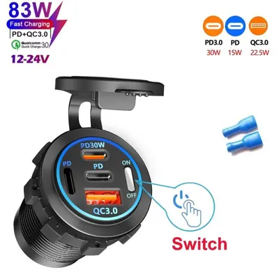 Produktbild von 4-fach USB-Kfz-Ladebuchse mit 2 USB-A und 2 USB-C Anschlüssen, PD 45 W, QC 3.0, 83 W Gesamtleistung, für 12/24 V - 4 Anschlüsse, kein Kabel B