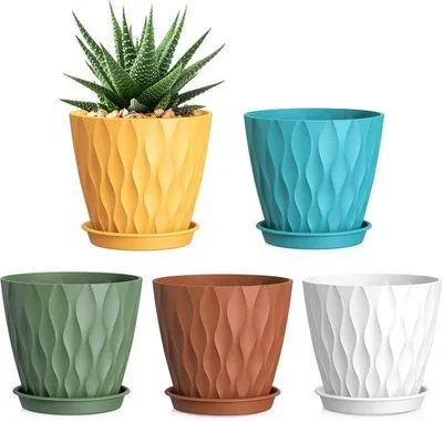 Immagine prodotto di Set di 5 vasi da fiori da 15 cm | Vaso in plastica con foro di drenaggio e sottovaso | Per piante da interno ed esterno | Colorati
