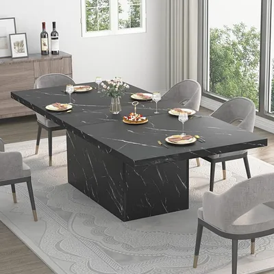 Produktbild von Esstisch Esszimmertisch Küchentisch für 6-8 Personen 180 x 80 x 76 cm Schwarz Marmoroptik Holz-Metall