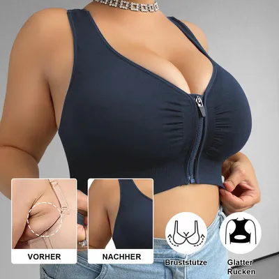 Obrázek produktu pro Plus size sportovní podprsenka pro ženy Silná podpora se zipem vpředu, bezešvá vyztužená sportovní podprsenka na jógu bez kostic - modrá-XL