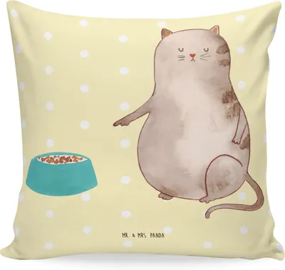 Produktbild von Mr. & Mrs. Panda Kissen 40x40 Katze Fressen - Gelb Pastell - Geschenk, Sofa, Sofakissen, Polster, Deko, Polsterkissen