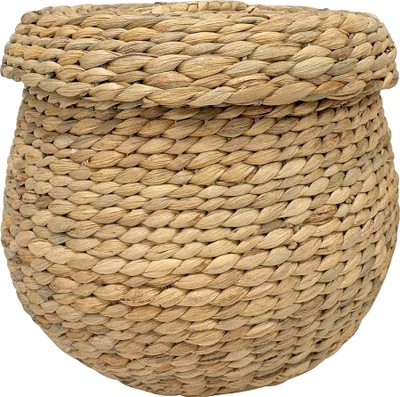 A close-up, front-facing view of a woven basket with a lid.
