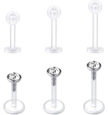 Produktbild von Piercing Set 6 Stück 16G 6/8/10mm Edelstahl & Bioflex mit Kugel & Zirkonia