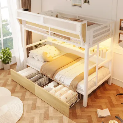 Obrázok produktu pre Poschodová posteľ Flieks 90 x 200 cm s LED osvetlením, kovová posteľ pre mládež s 2 zásuvkami a odkladacím košom, detská poschodová posteľ s odkladacími priestormi a rebríkom, biela