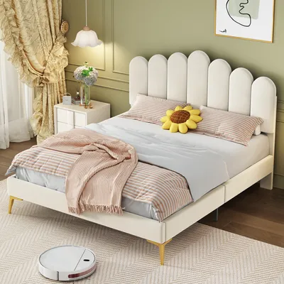 Produktbild von Merax Polsterbett 140x200cm mit Finger-Form-Kopfteil und Lattenrost, Doppelbett mit höhenverstellbarem Kopfteil und Samtbezug in Beige