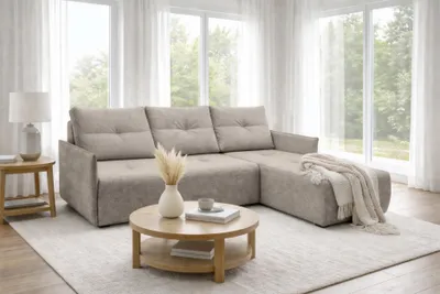 Produktbild von AX LIVING Ecksofa Damascus Hellbraun mit Schlaffunktion Bettkasten Schlafsofa 212 cm rechts