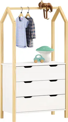 Produktbild von Kinderzimmer Kommode AMIRA mit Kleiderstange in Hausform - natur/weiß, 3 Schubladen, integrierte Kleiderstange, Stauraum für Kleidung, Spielzeug, Bücher, Kiefernholz