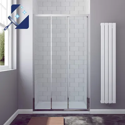 A modern bathroom with a shower enclosure and a radiator.