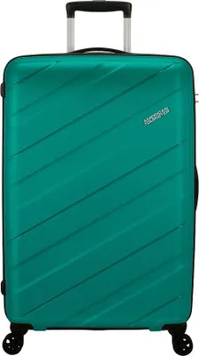 A product shot of a teal suitcase on a white background.