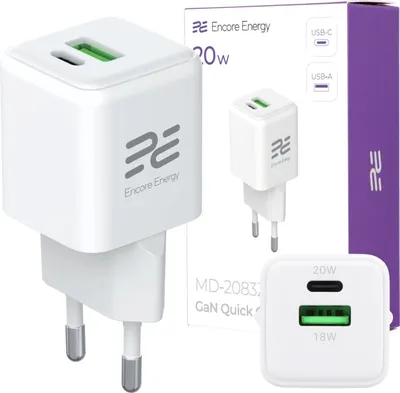 Produktbild von Netzladegerät GaN 20W USB-A USB-C QC PD Encore Energy MD-2083ZC