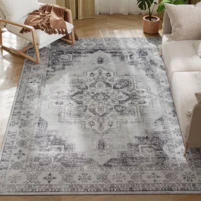 Productafbeelding van Machinewasbaar, antislip vloerkleed voor de woonkamer met flanellook, 230 x 160 cm, grijs