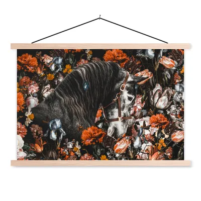 Obrázek produktu pro MuchoWow® Textilní plakát - Koně - Květiny - Ohlávka - 60x40cm - S hnědými lamelami