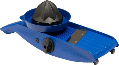 A blue and black vegetable slicer with a black citrus juicer attachment is shown against a white background.