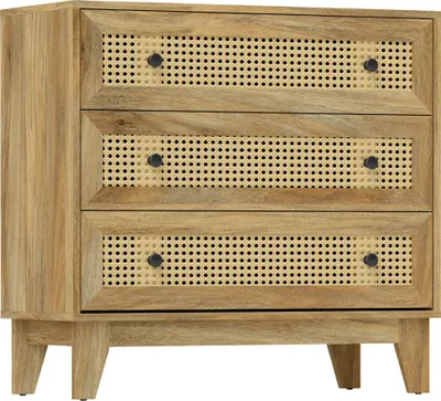 Image de HOMCOM Commode 3 tiroirs meuble de rangement cannage en rotin 80 x 35 x 76 cm aspect bois clair